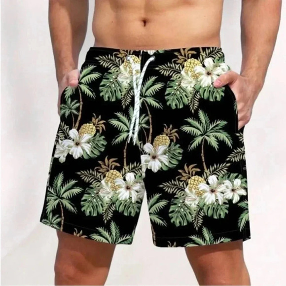 SHEIN Men’s Tropical Green and Black Swim Trunks size Large NWT - Picture 1 of 5